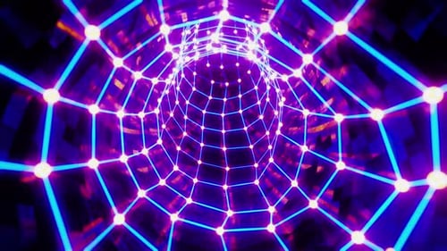 Purple circular tunnel with neon lights. Looped animation