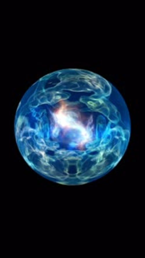 Sphère d'énergie bleue brillante avec des motifs lumineux tourbillonnants et de la brume sur fond noir