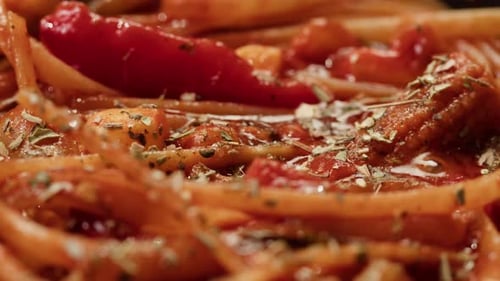 Macro shot of pasta with red sauce