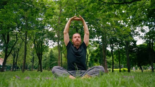 gutaussehender bärtiger Mann meditiert im Park und praktiziert Yoga, macht Stretching und Übungen