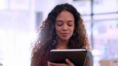 Business woman on tablet in office, online market research, data analysis and application software