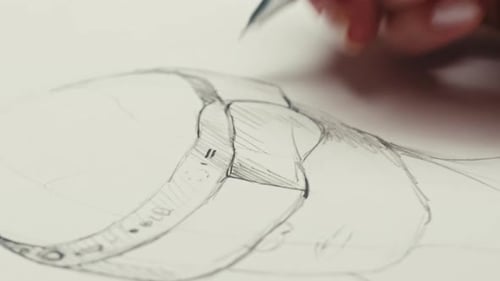 Young Woman Artist is Drawing 3d Glasses By Pencil on White Paper VR Developer Making Sketches for