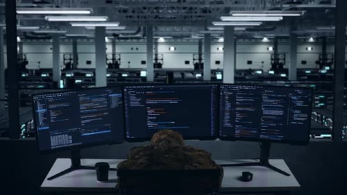 Back View Of Tired Asian Military Sleeping While Write Code In Data Center