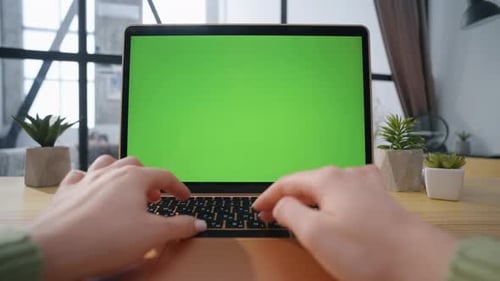 Woman Hands Working Mockup Laptop Standing Office Table Closeup Manager Typing
