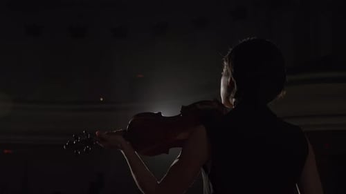 Woman Plays Violin on Darkened Concert Stage