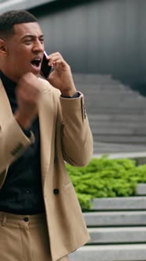 Angry African American Business Man Conflict Call Arguing Talking Mobile Phone City Street