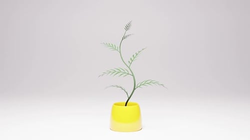 A growing plant with a yellow pot 3d render.