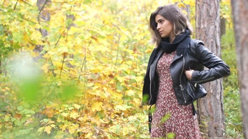Wide shot of Brunette girl in autumn forest, stands thoughtfully and looks straight and puts her han