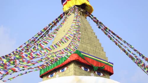 tripod shot of the Buddha Stupa Stupa located in boudhha, Kathmandu, Nepal. Calm and Spiritual ambie