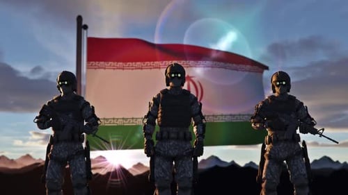Drapeau national et soldats iraniens