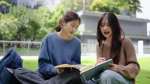 Two young female college friends are sitting on the grass at university, happily tutoring each other