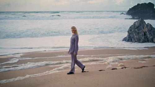 Relaxed Girl Stepping Beach on Ocean Evening Beautiful Traveler Resting Shore