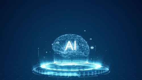 Blue digital brain logo and circle futuristic HUD with Ai chatbot and machine learning technology