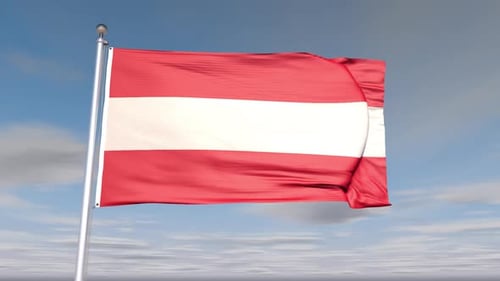 Realistic Waving Flag of Austria Against a Blue Sky