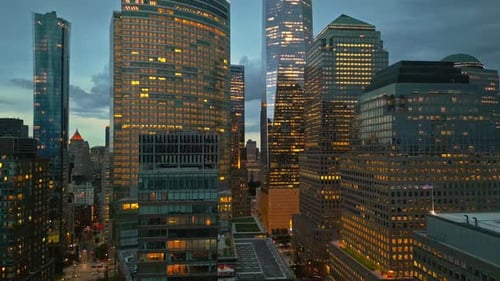 New York City Skyline at Dusk Night Aerial View Skyscrapers NYC Near Dramatic Night Clouds New York