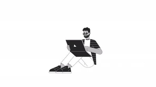 Black man on laptop typing bw outline 2D character animation