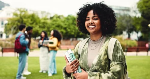 University, campus and face of happy woman with books outdoor for learning, education and studying