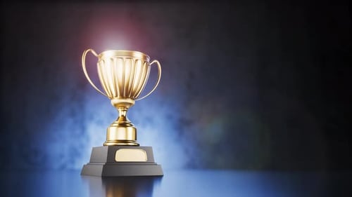 The camera is approaching the trophy, the winner's cup. Winner's reward. First place in a computer g