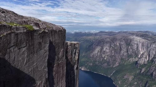 Drone Flying Along the Majestic Preikestolen Cliff in Norway