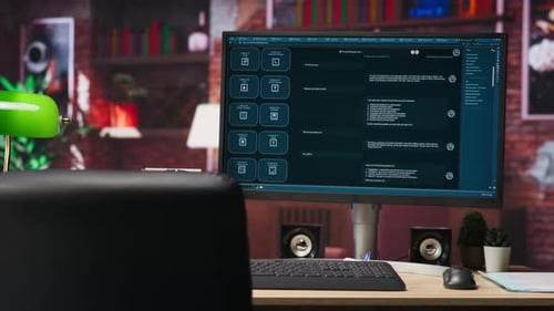 PC im Home Office mit AI LLM Chatbot, der Benutzeraufforderungen beantwortet