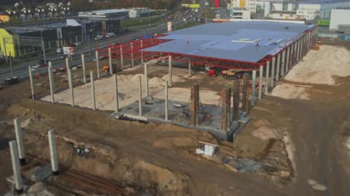 Building Site with Structural Elements Active Construction Zone with Groundwork and Support