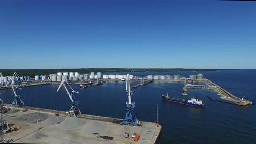 Aerial Drone Shot of Cargo Harbor with Cranes