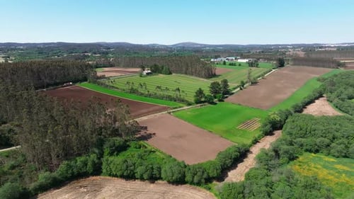 Vista Of Farmlands During Sunny Day Near Countryside Town. Aerial Drone Shot