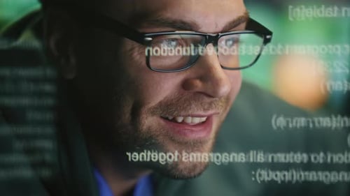 Happy Expert Creating Code at Data Hologram Closeup Developer Man Programming