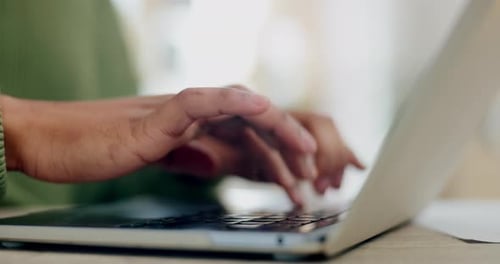 Hands of person, laptop and typing in home for planning research, social media