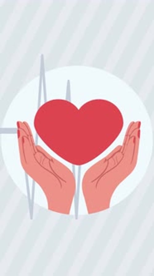 Animated hands holding heart with ekg line