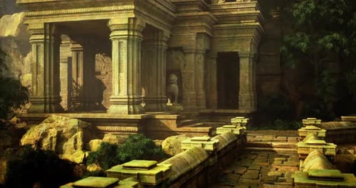 Ancient Temple Ruins in a Lush Forest Surrounded By Large Rocks
