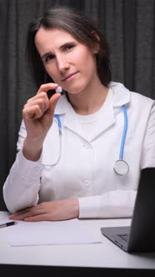 Woman Doctor Holding Medication at Desk