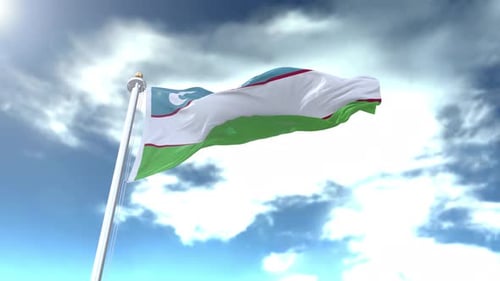 Realistic Waving Flag of Uzbekistan against a Cloudy Sky