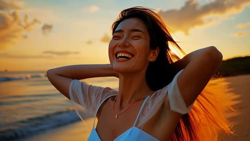Joyful woman on beach at sunset (1)
