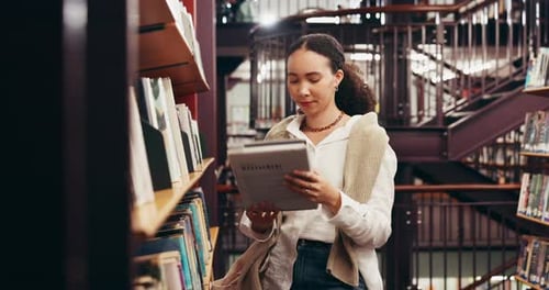 Books, university and woman in library for education, learning or research with knowledge