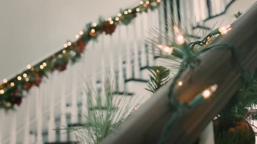 Christmas Garland and Lights on Staircase
