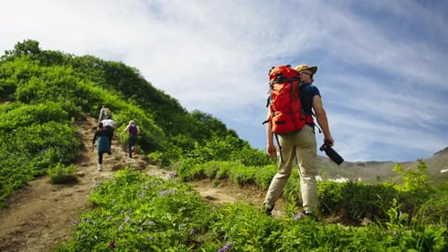 Group Of Travelers Hiking In Fabulous Valley In Spring Or Summer Back View Of Man Walking In Nature