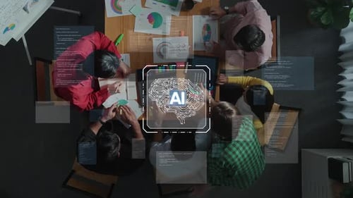 Reunião de equipe colaborativa discutindo conceitos de inteligência artificial com visualizações de dados e