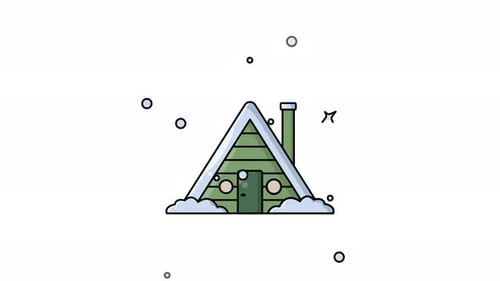 Flat Design Winter Cabin with Falling Snow Animation