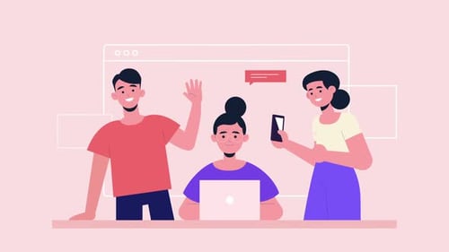 Flat Design Animation of People Collaborating with Digital Devices