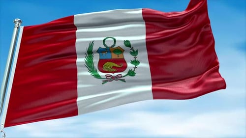 Realistic Waving Peru Flag with Coat of Arms on Blue Sky