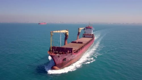 Cargo Ship at sea,Top down drone footage