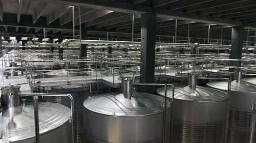 Stainless metal tanks vats for fermentation and storage of wine at the winery