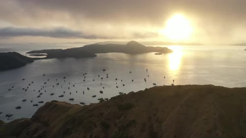 Aerial view of Padar island with tourism boats, Komodo National Park, Indonesia