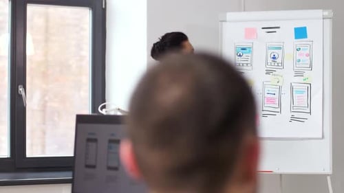 Business, Technology and People Concept - Woman Showing User Interface Design On