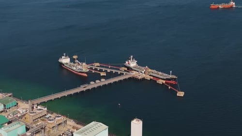 Aerial view of petrochemical tankers docked at Labuan port, Malaysia
