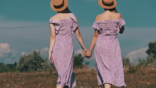 Two Young Twin Girls in Purple Summer Dresses Walks Green Field Holding Hands