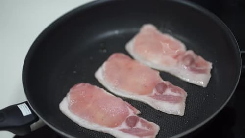 Meat Sizzling in Pan During Cooking Process