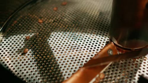 Kaffeeproduktion, der Prozess des Röstens frischer Kaffeebohnen, die Bohnen werden gemischt und gekühlt.