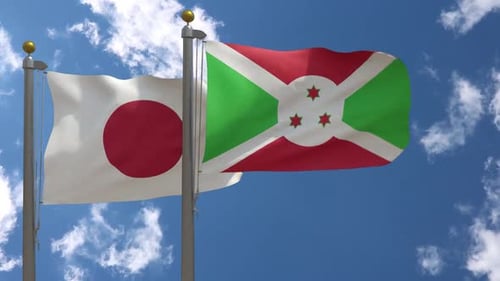 Japan and Burundi Flags Waving Realistic 3D Animation